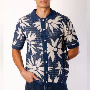 Massive Luxury Blue Cotton Knit Crochet Floral Button Down Polo Shirt